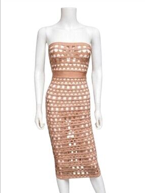 HOUSE OF CB | Demelza Nude Openwork Bandage Strapless Midi Dress XS